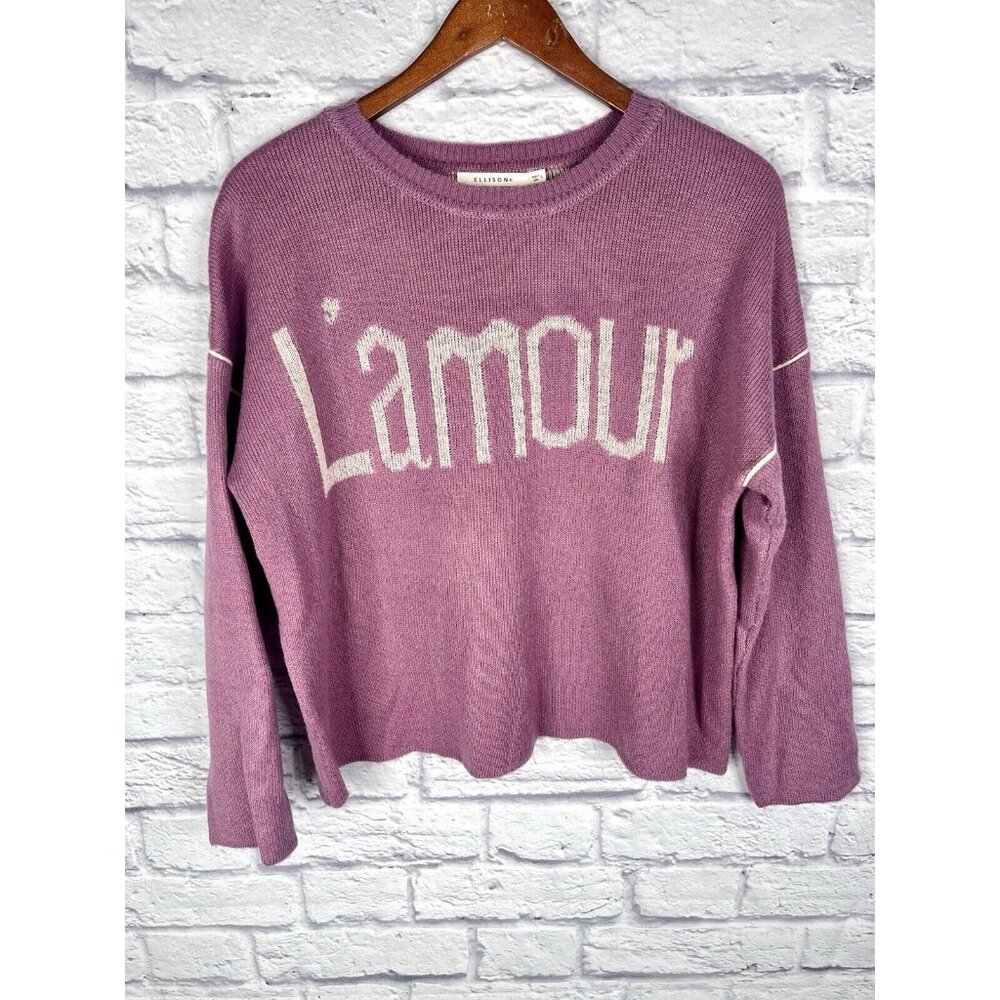ELLISON Women's Light Purple "L'amour" Crew Neck Popover Sweater Large